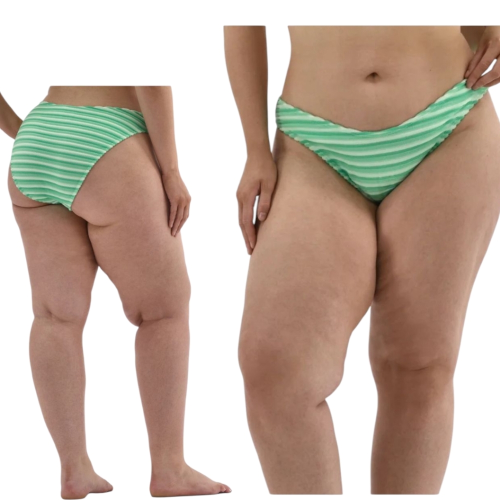 No Boundaries Terry Stripe High Leg Swim Bottoms Green White Stripe XL 16/18 New